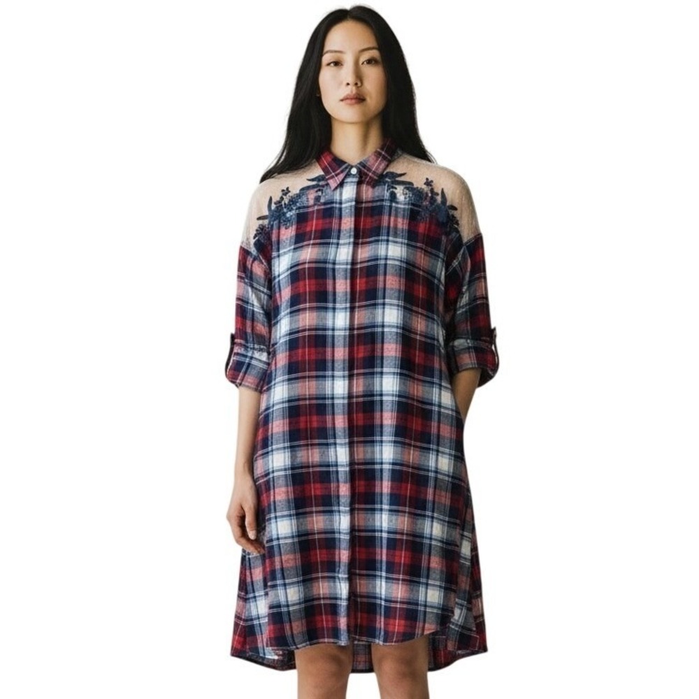 JAK&RAE Plaid Shirt Dress Mesh Embroidered Shoulder Tie Sleeve‎ Americana Size S